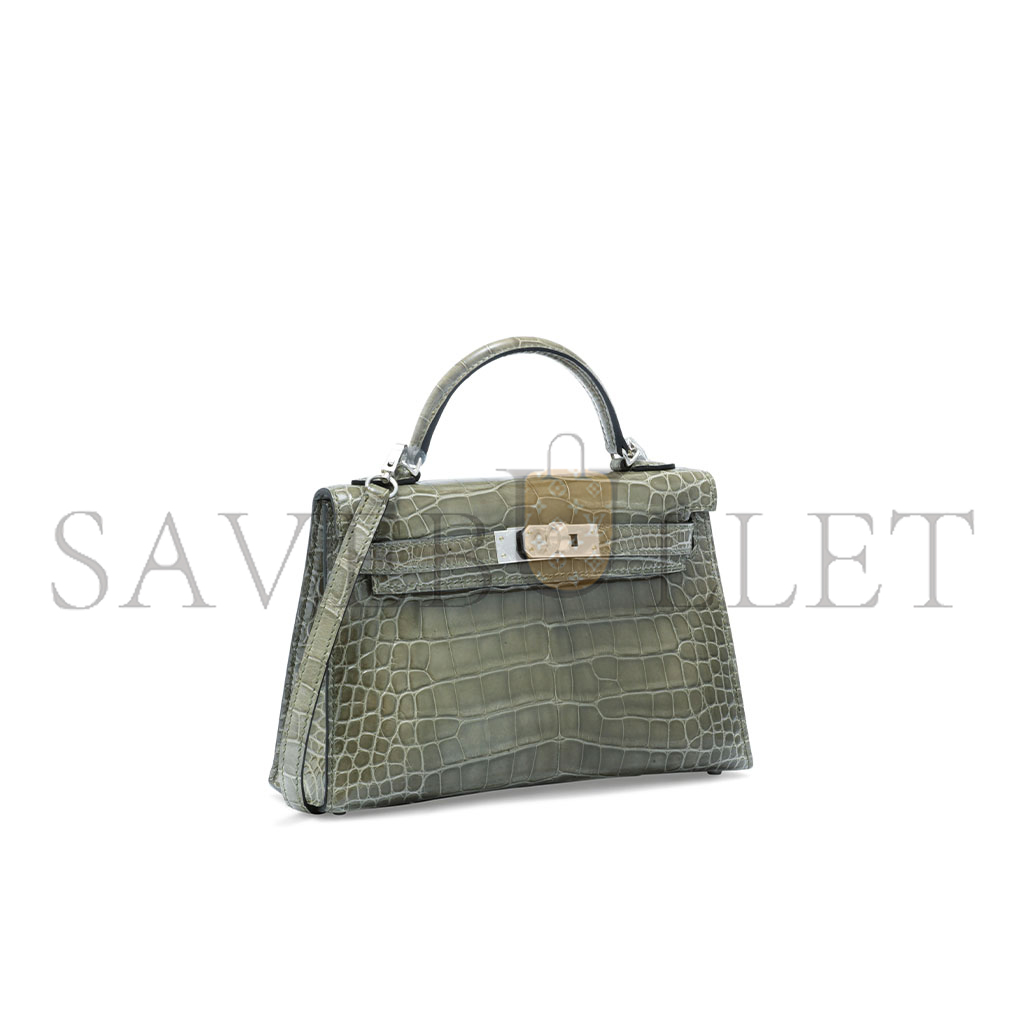 H**mes master mini kelly ii glossy crocodile turtledove gray silver buckle (19*12*5.5cm)